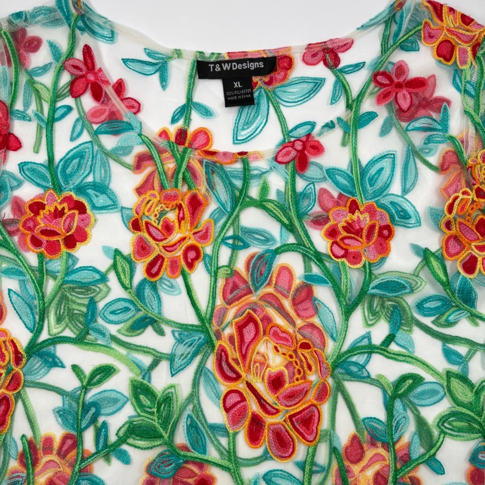 T&W Designs Womens XL Tunic Top Sheer Mesh Floral Embroidered Bell Sleeve Boho